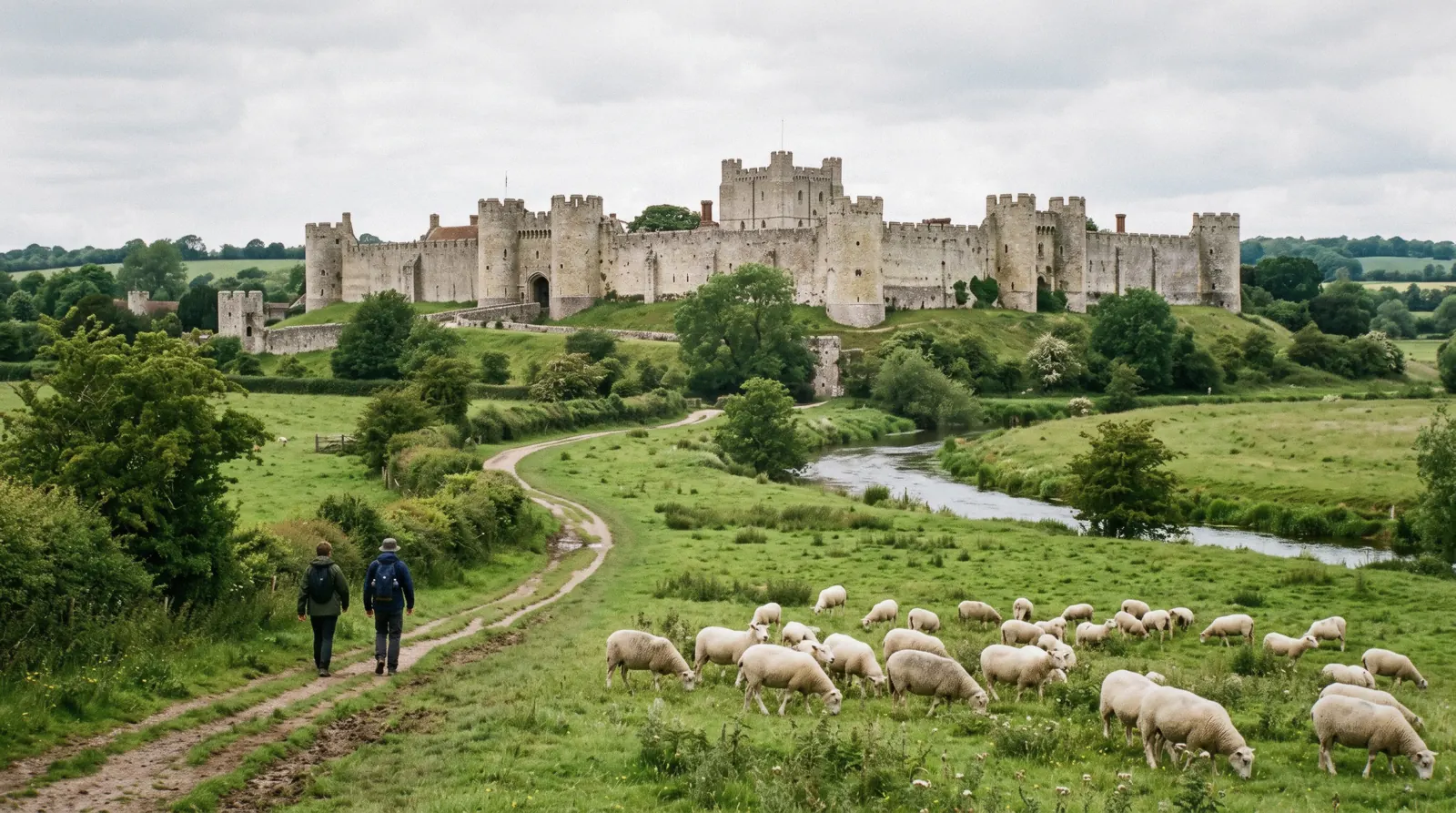The medieval keep and outer bailey of Alnwick Castle in Northumberland seen across the lawn, the destination of an Alnwick Castle day trip from Edinburgh