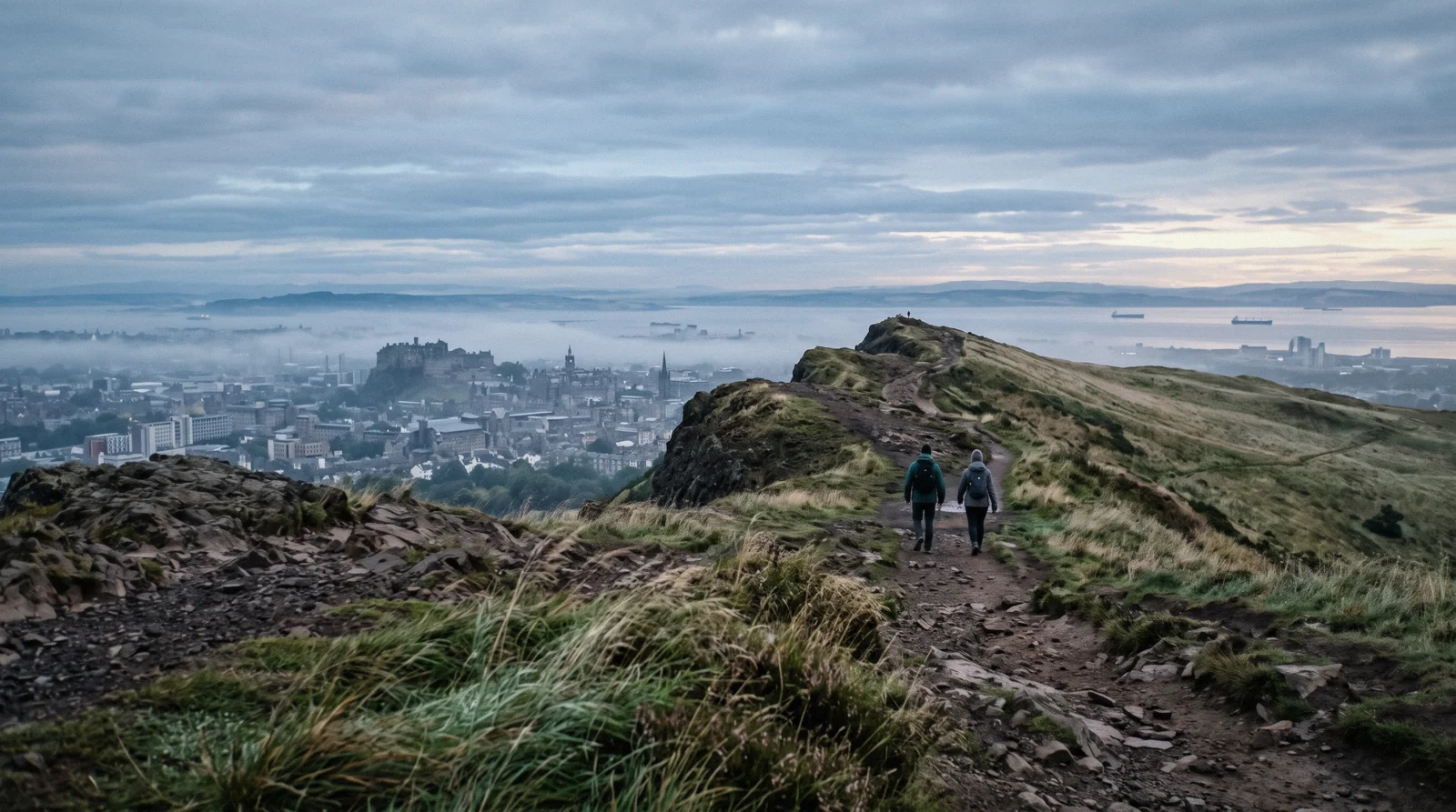 Walkers on the grassy summit ridge of Arthur's Seat above Holyrood Park, the city and the Firth of Forth spread out behind them in low morning light