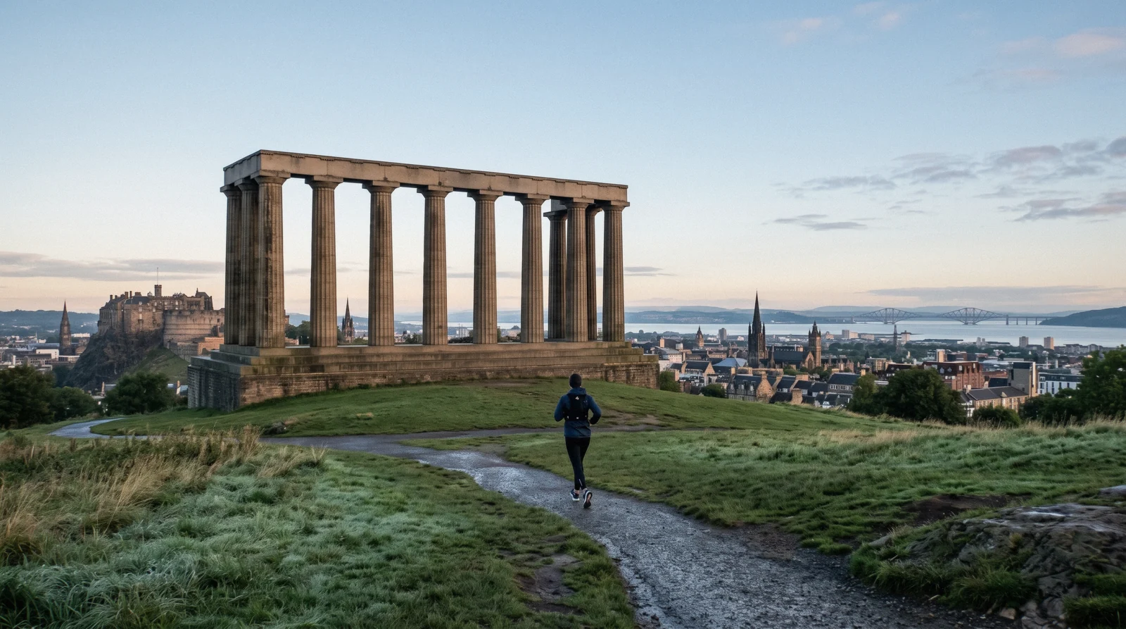 The twelve unfinished columns of the National Monument on Calton Hill at sunset, with the Nelson Monument tower and the Edinburgh skyline behind, seen from the Calton Hill viewpoint