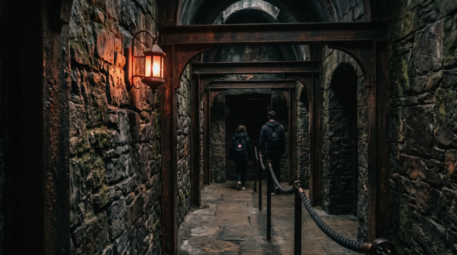 Lamplit stone arches and a low vaulted passage under Market Street on the walk-through route at the Edinburgh Dungeon