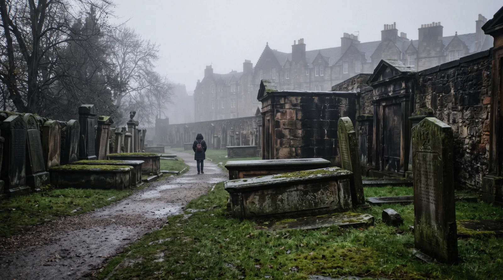 Seventeenth-century mural monuments and table stones along the wall of Greyfriars Kirkyard in Edinburgh, with the kirk and George Heriot's School behind in soft morning light