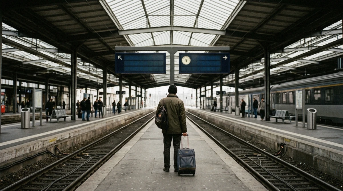 A lone traveller with a wheeled suitcase on an empty station platform between two waiting trains, the 41.6-mile rail link behind the Edinburgh or Glasgow decision