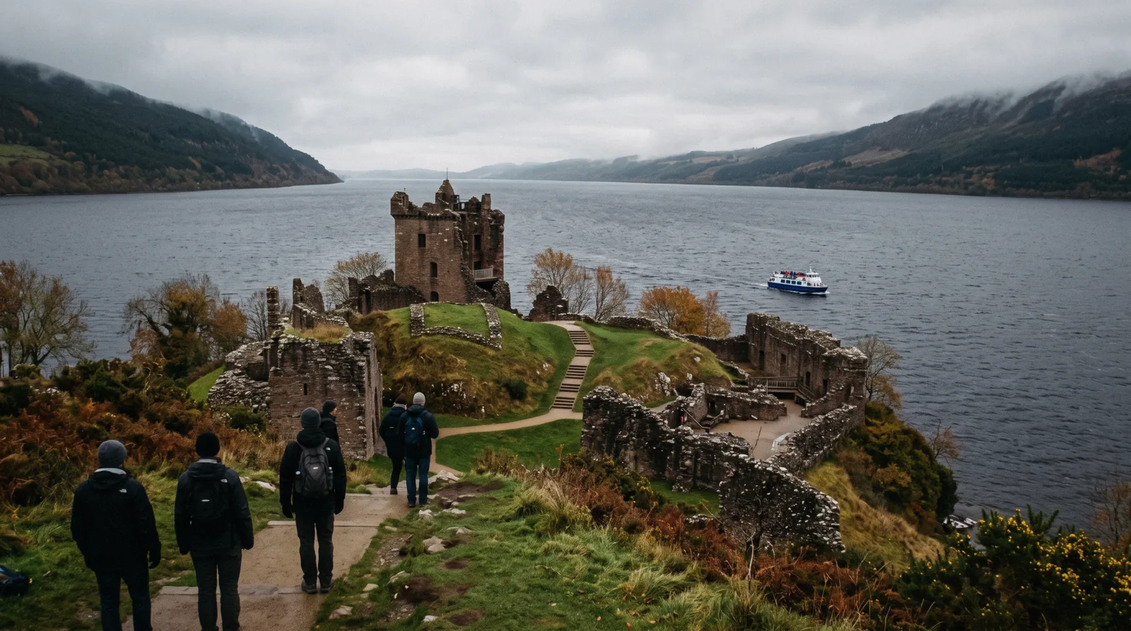 Urquhart Castle on its rocky promontory above the dark water of Loch Ness, seen on a Loch Ness day trip from Edinburgh