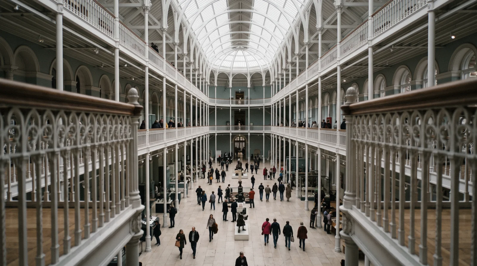 The light-filled cast-iron Grand Gallery of the National Museum of Scotland on Chambers Street in Edinburgh, with visitors on the balconies and the Window on the World display rising through four storeys