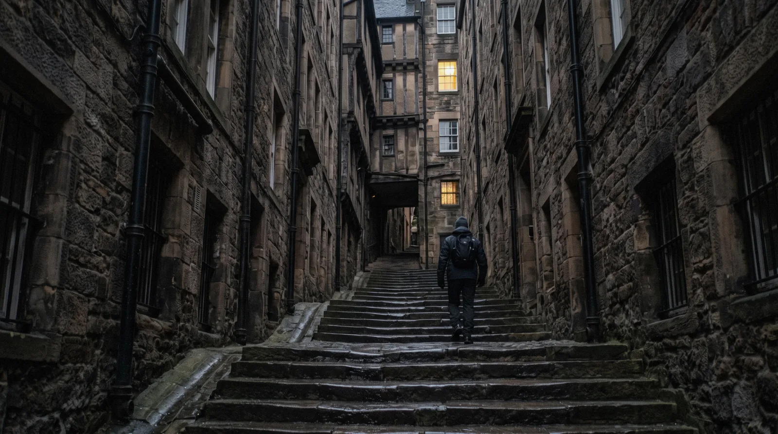 Steep stone steps in a narrow close between tall tenements in the Edinburgh Old Town, late winter afternoon light on the setts