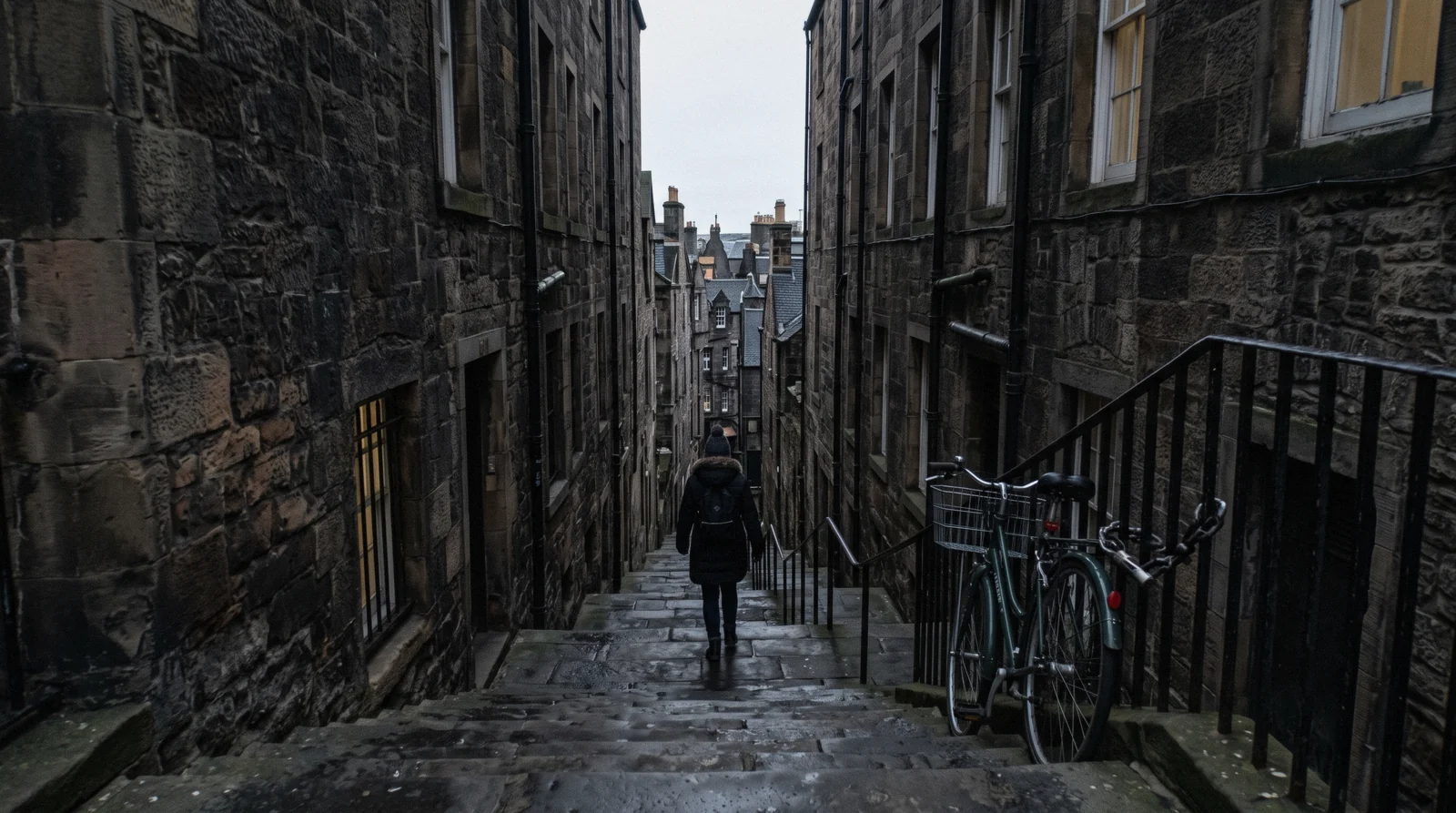 Tenement gables and the crown steeple of St Giles' seen down the cobbled setts of the Royal Mile Edinburgh in early morning light