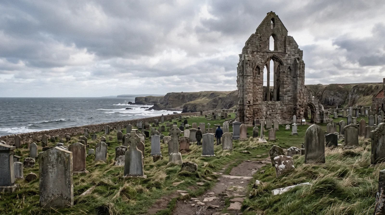 The ruined east gable and St Rule's Tower of St Andrews Cathedral above the Fife coastline, the landmark of a St Andrews day trip from Edinburgh