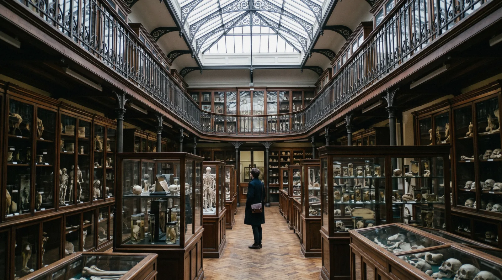 The galleried Victorian interior of Surgeons' Hall Museums on Nicolson Street in Edinburgh, dark wooden specimen cases running round a first-floor balcony under a cool skylight