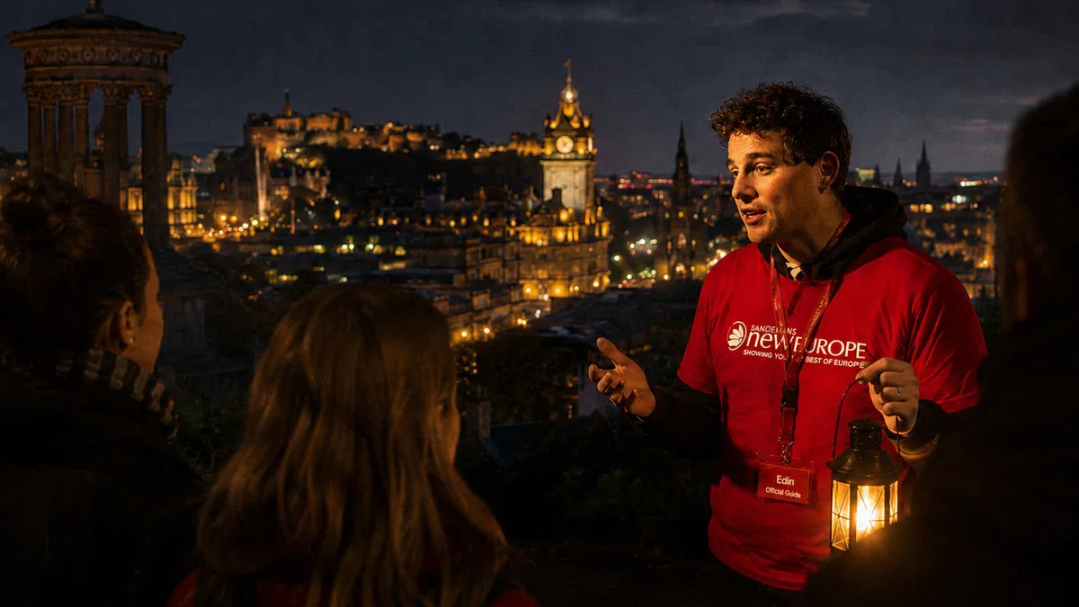 Guide with a red umbrella addressing walkers in Old Calton Burial Ground on an Edinburgh dark side ghost tour