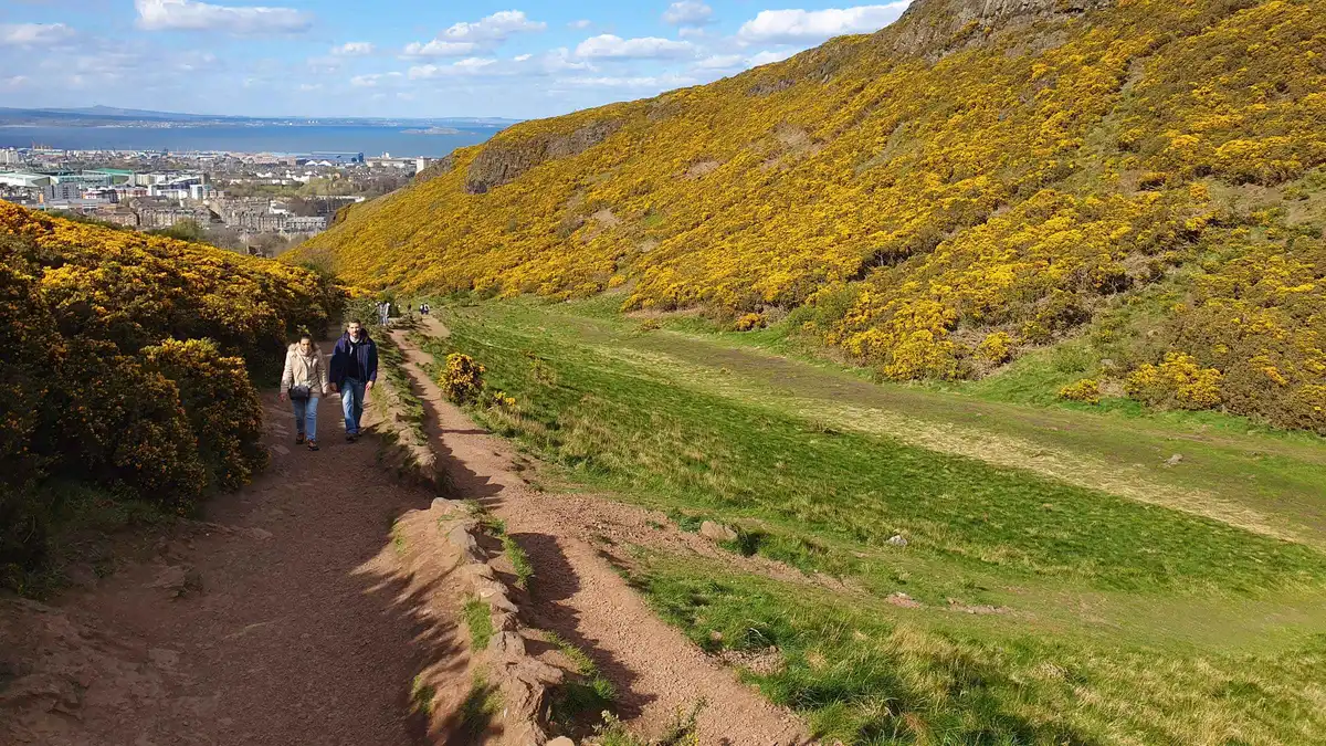 Guided walkers climbing the hidden trail up Arthur's Seat in Holyrood Park, Edinburgh